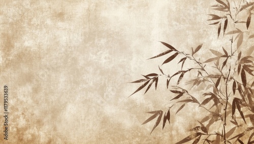 Chinese Ink Painting Style Background with Bamboo Silhouettes. Vintage Rustic Sepia and Brown for Traditional Oriental Rooms