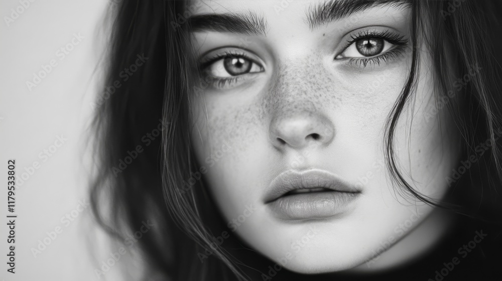 Fototapeta premium Close-up monochrome portrait of a young woman with freckles and expressive eyes.