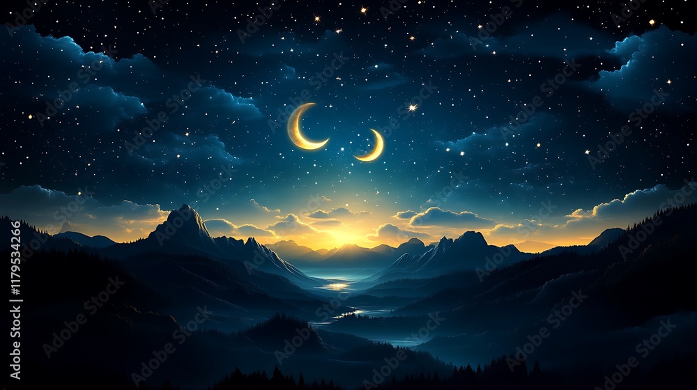 Two Moons Rise Over Majestic Mountain Range At Night Two Moons Rise Over Majestic Mountain Range At Night