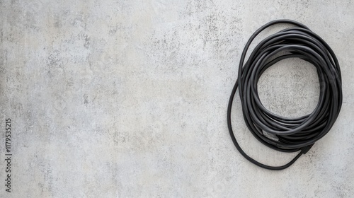 A minimalist flat lay of a single coiled black power cable on a smooth concrete surface  photo