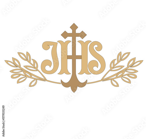 IHS GOLD EMBROIDERY FOR LITURGICAL CLOTHES AND SACRED CEREMONIES. SACRED CATHOLIC SYMBOLS IN ANCIENT STYLE WITH GOLDEN DECORATIONS