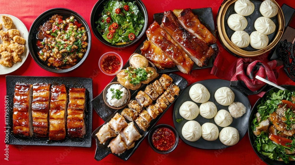 Fototapeta premium Delicious Assortment of Asian Cuisine Featuring Barbecue Ribs, Steamed Buns, Fresh Vegetables, Rice, and Flavorful Dishes on Vibrant Red Background