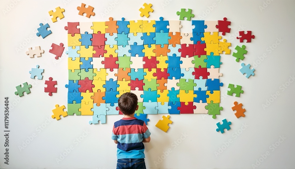 Child focused on completing colorful puzzle on wall