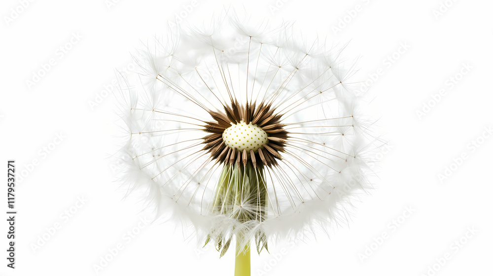 A delicate dandelion puff, ready to disperse its seeds, standing out against a bright white background. Windborne. Illustration A delicate dandelion puff, ready to disperse its seeds, standing out against a bright white background. Windborne. Illustration