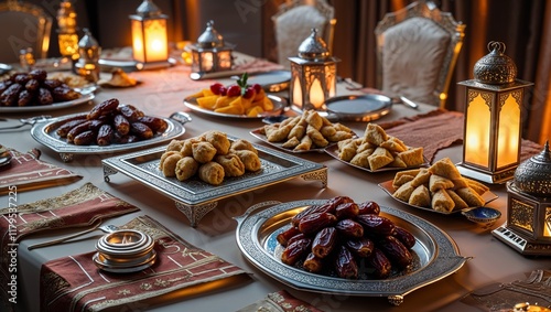 Traditional Ramadan Iftar Table with Dates, Sweets, and Lanterns photo