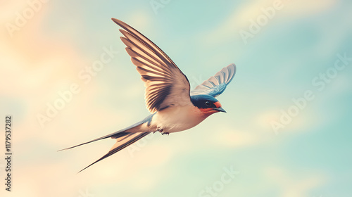 A delicate swallow in mid-flight, wings beating swiftly, against a soft blue sky with wispy white clouds and a hint of warm sunlight. Windborne. Illustration photo