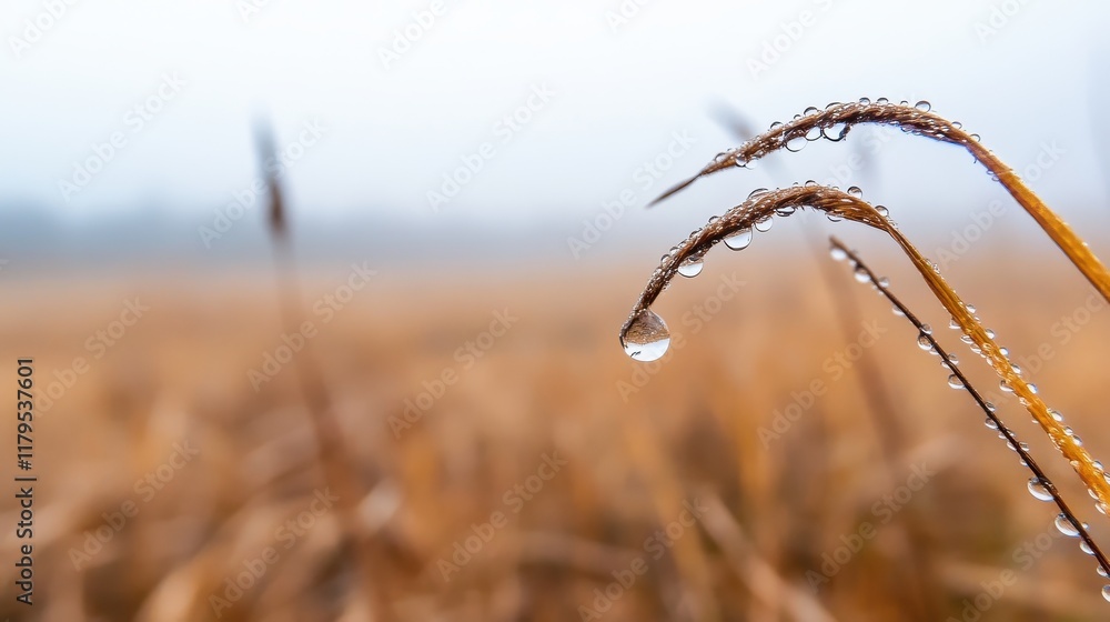 Obraz premium Close-up of Water Droplet on Dried Grass Blade in Foggy Landscape during Early Morning Hours