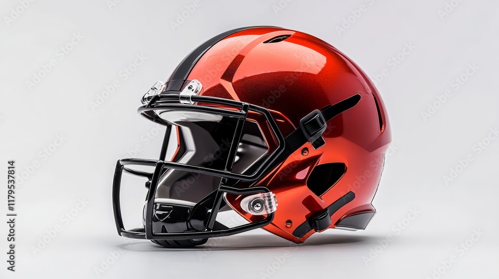 Fototapeta premium A modern football helmet with faceguard details, tilted slightly on a white background,