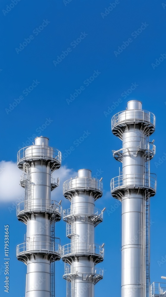 Industrial oil and gas plant displays complex architecture and machinery against a clear sky, showcasing modern petrochemical design Industrial oil and gas plant displays complex architecture and machinery against a clear sky, showcasing modern petrochemical design