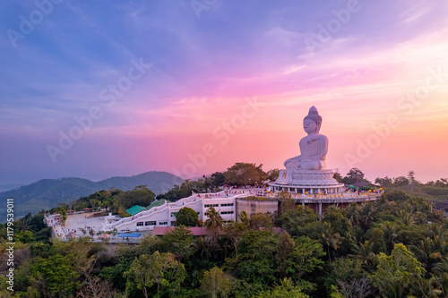 Photography Aerial top view Big Buddha statue on hilltop of Phuket Thailand on sunset