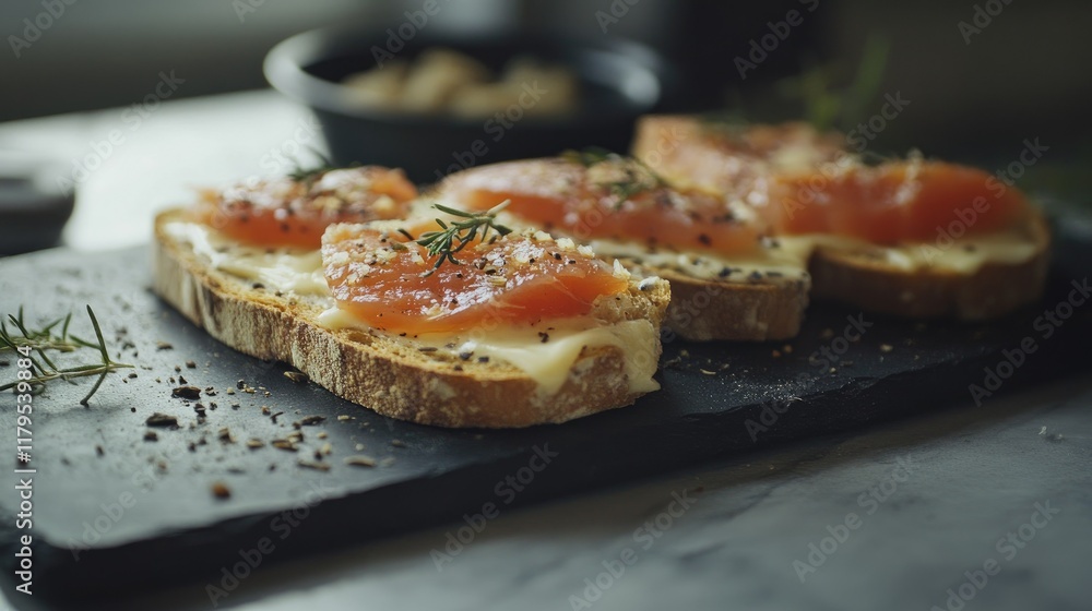 Salmon-topped cheese baguette slices styled on a slate serving board, vintage muted tones, perfect copy space for food photography. Salmon-topped cheese baguette slices styled on a slate serving board, vintage muted tones, perfect copy space for food photography.