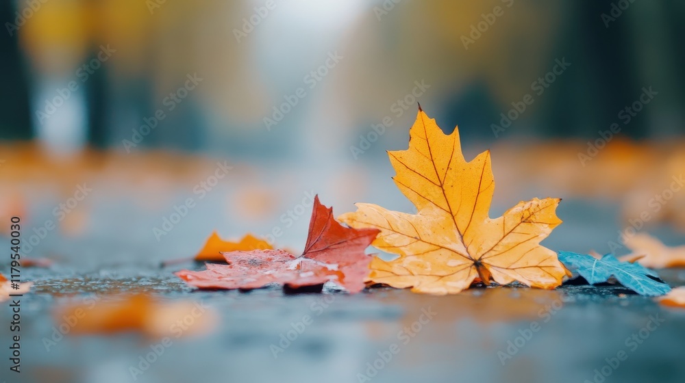 Vibrant Autumn Leaves on Wet Pavement with Soft Background and Blurry Bokeh Effect Creating a Serene Atmosphere Vibrant Autumn Leaves on Wet Pavement with Soft Background and Blurry Bokeh Effect Creating a Serene Atmosphere