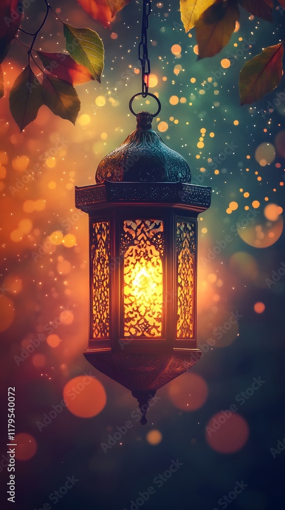 Ramadan themed greeting poster design. Lanterns for Eid al-Fitr and Ramadan Kareem with soft light and leaves background, with space for text Ramadan themed greeting poster design. Lanterns for Eid al-Fitr and Ramadan Kareem with soft light and leaves background, with space for text