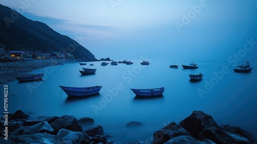 Coastal fishing boats at dusk, tranquil bay, mountain backdrop, tourism photo