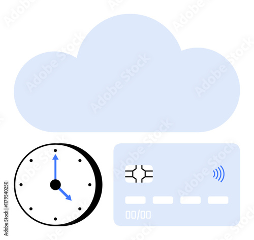 Cloud above clock and contactless chip card represents online payments, financial security, and tech integration. Ideal for AI, e-commerce, time-saving, fintech, digital wallets, data management