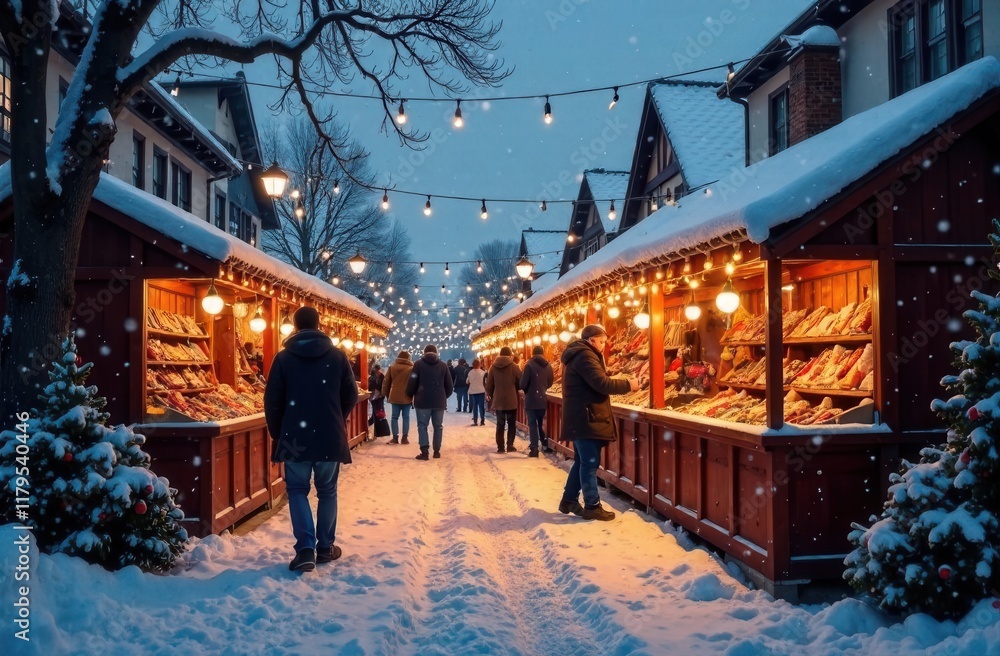 Fototapeta premium cozy winter market with stalls, snowy evening setting, warm lights illuminating the scene, wide shot showcasing the festive atmosphere, people shopping and enjoying hot drinks