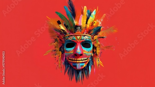 Colourful tiki mask on red background, created using generative ai technology photo