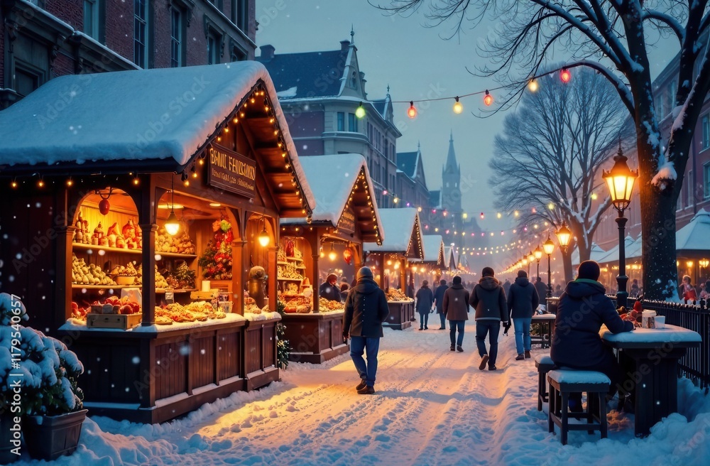In winter, people shop at a busy Christmas market in falling snow In winter, people shop at a busy Christmas market in falling snow