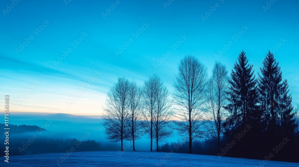 Dusk Gradient Over Winter Trees - Serene winter landscape, silhouettes of leafless trees against a breathtaking dusk gradient sky, misty valley below, evokes peace, tranquility, and the beauty of natu Dusk Gradient Over Winter Trees - Serene winter landscape, silhouettes of leafless trees against a breathtaking dusk gradient sky, misty valley below, evokes peace, tranquility, and the beauty of natu