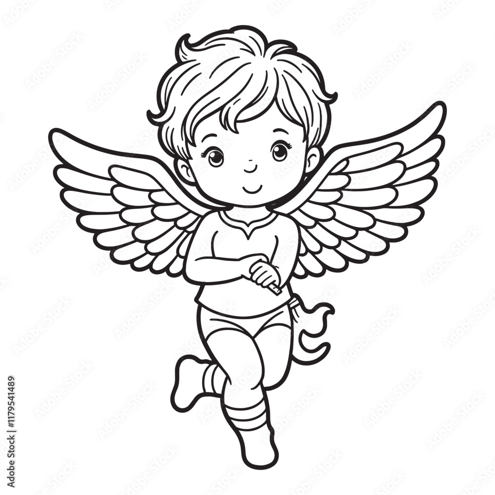 Fototapeta premium angel child character in retro style, hand-drawn line art, black vector