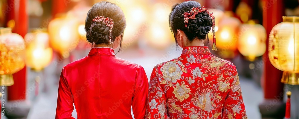 Elegant Women in Traditional Red Dresses with Floral Patterns and Hair Accessories Walking Together in a Vibrant Lantern-Lit Street Elegant Women in Traditional Red Dresses with Floral Patterns and Hair Accessories Walking Together in a Vibrant Lantern-Lit Street