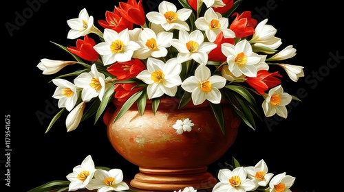 Bouquet of tulips and daffodils in a vase.