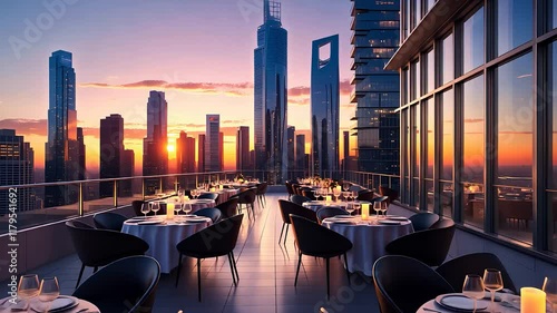 Rooftop dining area with elegant tables, city skyline views, and a beautiful sunset creating a luxurious atmosphere

 photo