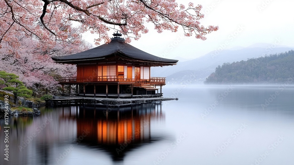 Naklejka premium Tranquil Springtime Scene with Traditional Pavilion Surrounded by Cherry Blossoms and Water