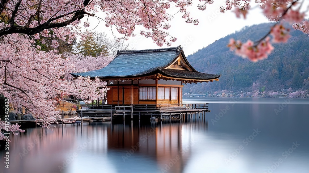Serene Oriental Artwork of Tranquil Lake Surrounded by Blossoming Cherry Trees Serene Oriental Artwork of Tranquil Lake Surrounded by Blossoming Cherry Trees