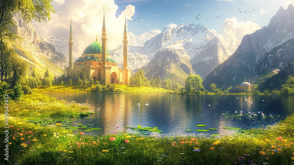 Fototapeta premium Landscape with mosque for Eid Mubarak and Eid al adha Mubarak background 