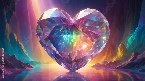 A large faceted crystal heart in a glowing, surreal environment, the light of which refracts into rainbow hues in an extremely detailed fantasy style