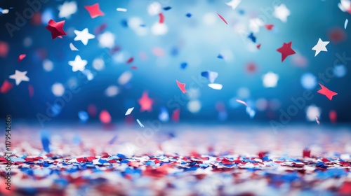 Colorful red white and blue confetti falling in celebration with star shaped pieces and soft glowing background for festive occasions