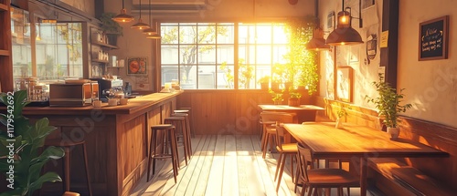 Charming anime cafe scene, rustic wooden tables, hanging lights, soft orange tones, serene vibe, loop background for streaming