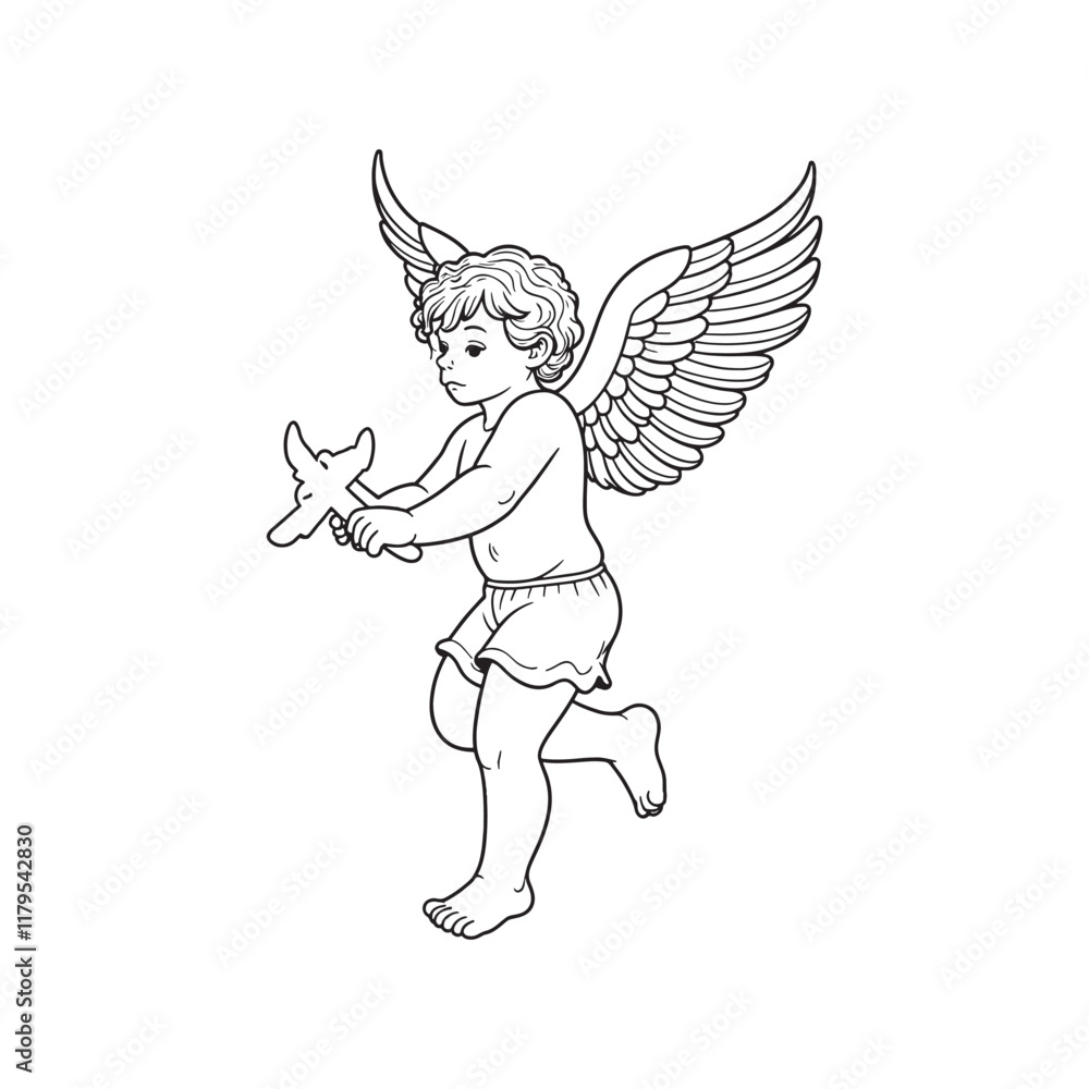 Fototapeta premium angel child character in retro style, hand-drawn line art, black vector