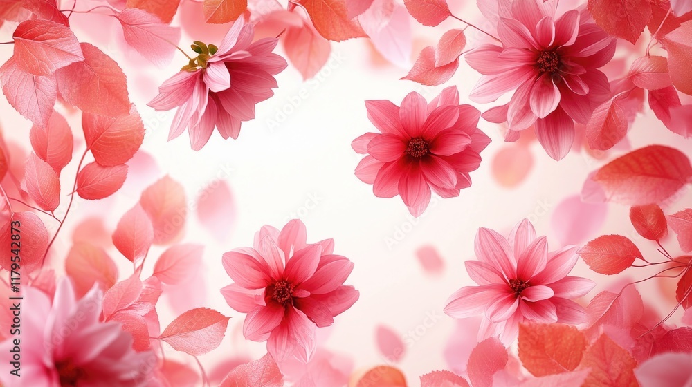 Vibrant pink flowers and leaves on a soft background. The concept of spring and rebirth Vibrant pink flowers and leaves on a soft background. The concept of spring and rebirth