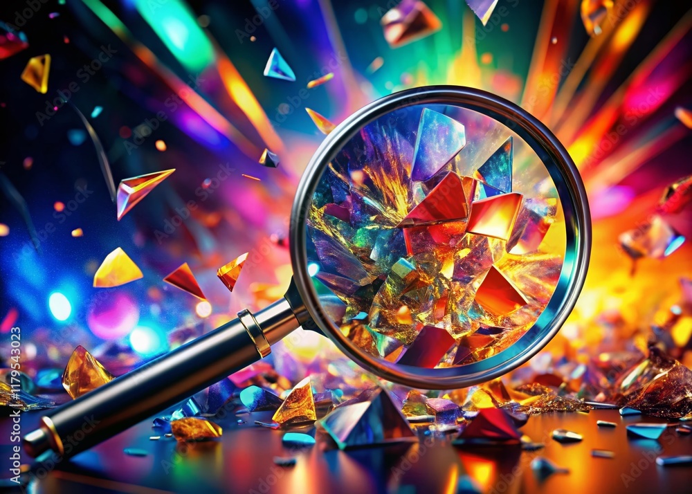 Exploding Magnifying Glass: Multicolored Glass Shard Explosion, Abstract Fashion Photography Exploding Magnifying Glass: Multicolored Glass Shard Explosion, Abstract Fashion Photography