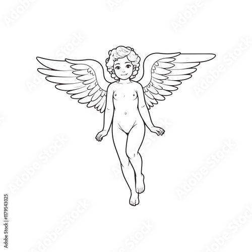 angel child character in retro style, hand-drawn line art, black vector