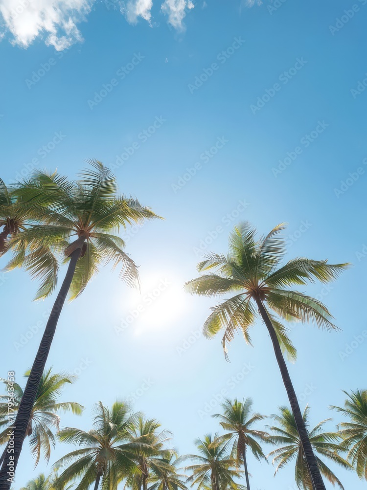 Sun-drenched coconut palms against a vibrant blue sky, leaves, tropical, holiday Sun-drenched coconut palms against a vibrant blue sky, leaves, tropical, holiday
