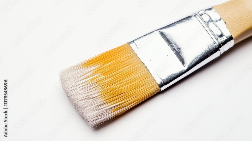 A paintbrush with soft bristles, dipped lightly in paint, resting on a plain white background, A paintbrush with soft bristles, dipped lightly in paint, resting on a plain white background,