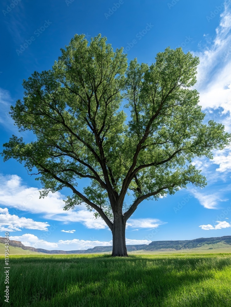 Obraz premium Eastern Cottonwood Tree in Summer Field - A majestic Eastern Cottonwood stands tall in a vibrant green field under a bright blue sky. Nature, growth, serenity, strength, freedom.