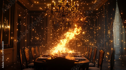 Wallpaper Mural A lavish dining room with a chandelier, engulfed in flames and floating sparks. Torontodigital.ca