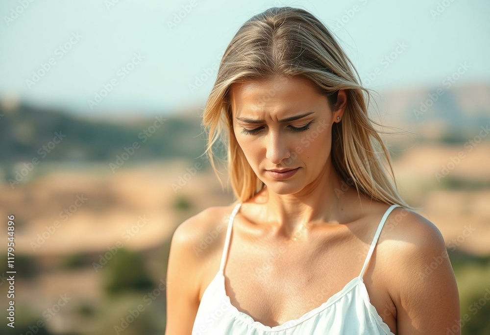 Female portrait in summer heat with subtle negative emotions Female portrait in summer heat with subtle negative emotions
