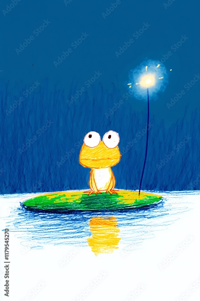 Fototapeta premium Charming Hand-Drawn Illustration: Frog Admirably Gazing at Nightly Sparkler. AI Generated
