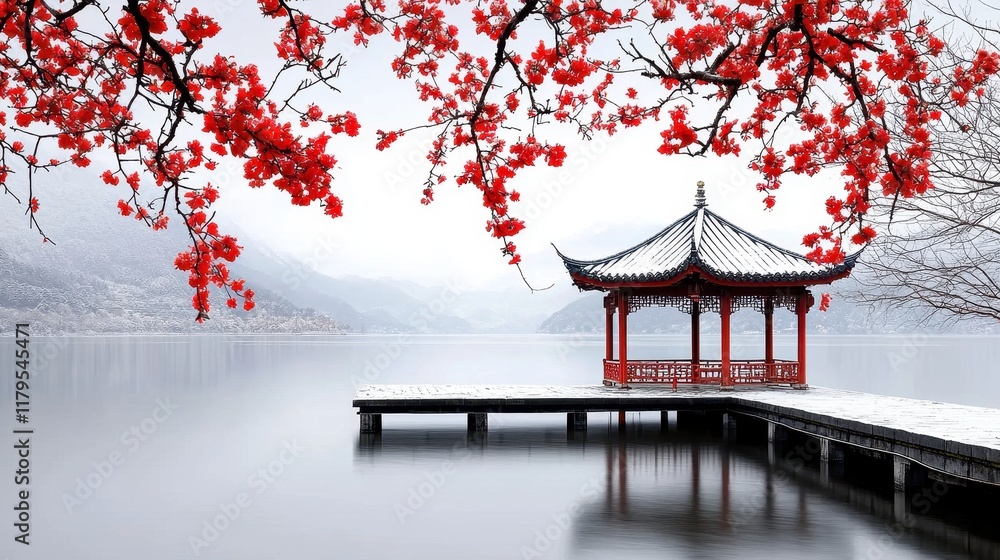 Dreamlike Chinese Landscape with Serene Lakeside and Vibrant Red Flowers Dreamlike Chinese Landscape with Serene Lakeside and Vibrant Red Flowers
