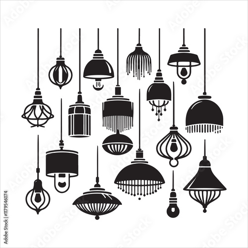 Pendant lamps silhouette vector. Modern pendant lights icons vector illustration