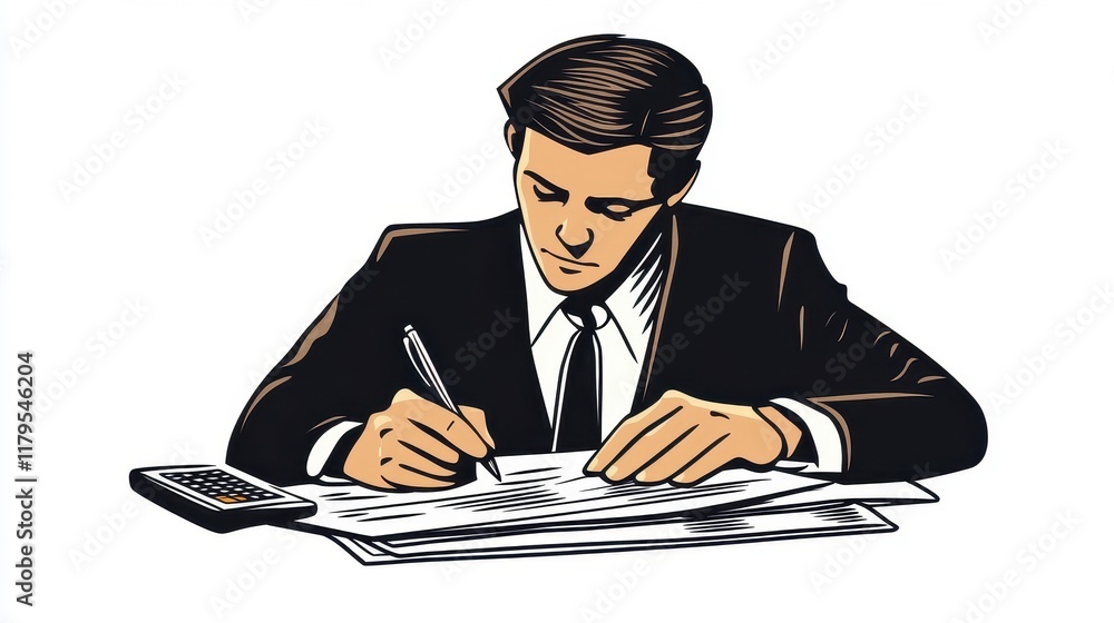 Businessman Writing on Papers in Office Setting Businessman Writing on Papers in Office Setting