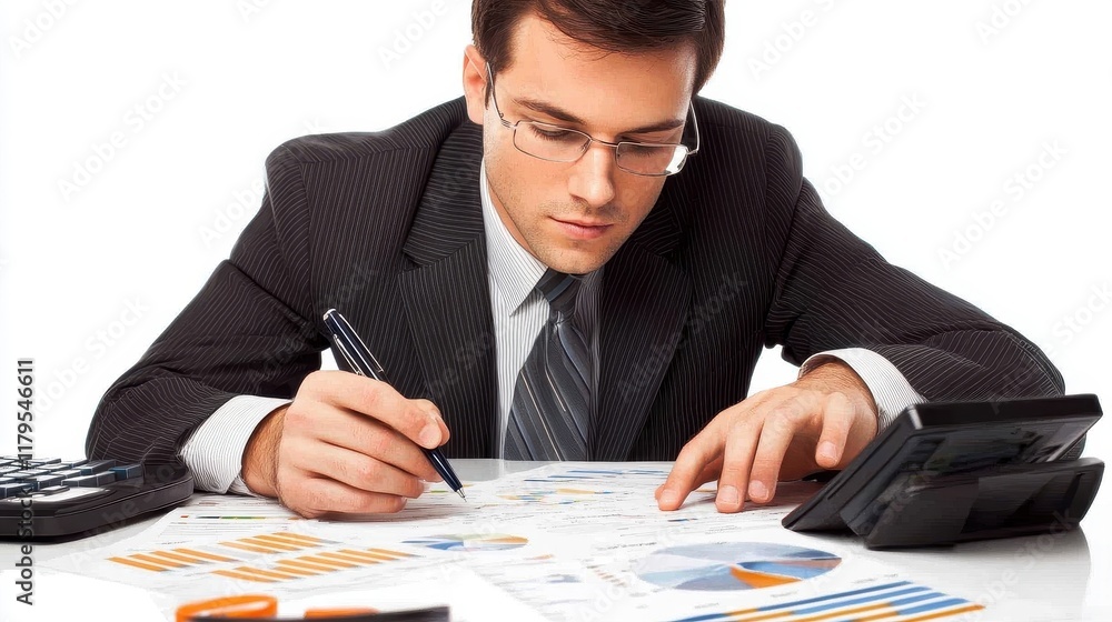 Businessman Analyzing Financial Reports and Data Businessman Analyzing Financial Reports and Data