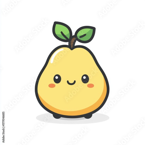 Adorable Kawaii Cartoon Pear Character Illustration:  A cheerful yellow pear with a sweet smile, perfect for kids' books, greeting cards, and social media. photo