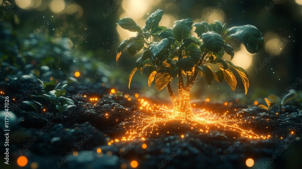 Futuristic glowing plant in a digital smart orchard. Generative AI Futuristic glowing plant in a digital smart orchard. Generative AI