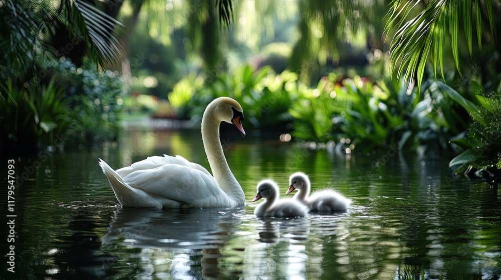 Obraz premium Swans gracefully navigate a tranquil lake, accompanied by adorable downy chicks, showcasing a peaceful moment in nature